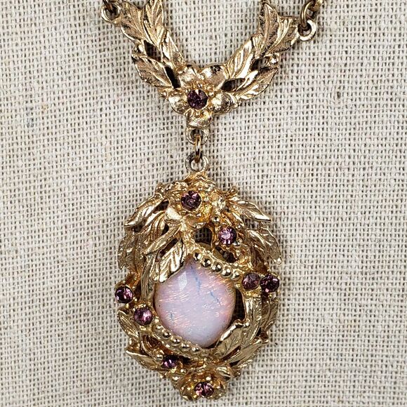 Vintage Victorian Fire Opal & Purple Rhinestone Goldtone 15" Chocker Necklace - Picture 5 of 16